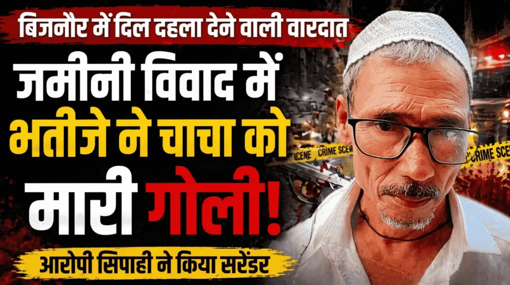 बिजनौर कोतवाली नगर थाने के बाहर पुलिस अधिकारी एक व्यक्ति (सिपाही भतीजे) को गिरफ्तार करके ले जा रहे हैं, जिसने अपने चाचा की हत्या की।