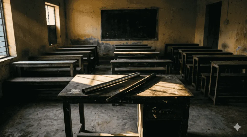 बिजनौर न्यूज़ की रिपोर्ट में एक खाली पड़े सरकारी स्कूल के क्लासरूम की तस्वीर, जहाँ टीचर की डेस्क पर खौफनाक स्टील का पाइप रखा है, जिसके डर से 150 बच्चों ने स्कूल छोड़ दिया।