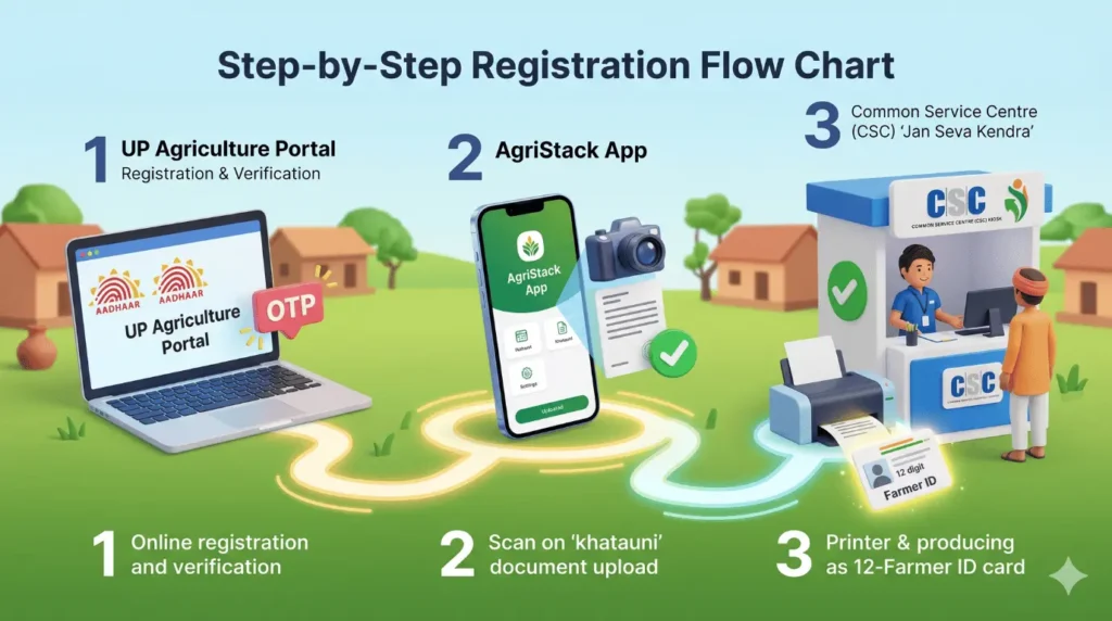 Farmer ID registration का 3-स्टेप इन्फोग्राफिक: पोर्टल, मोबाइल ऐप और जन सेवा केंद्र।