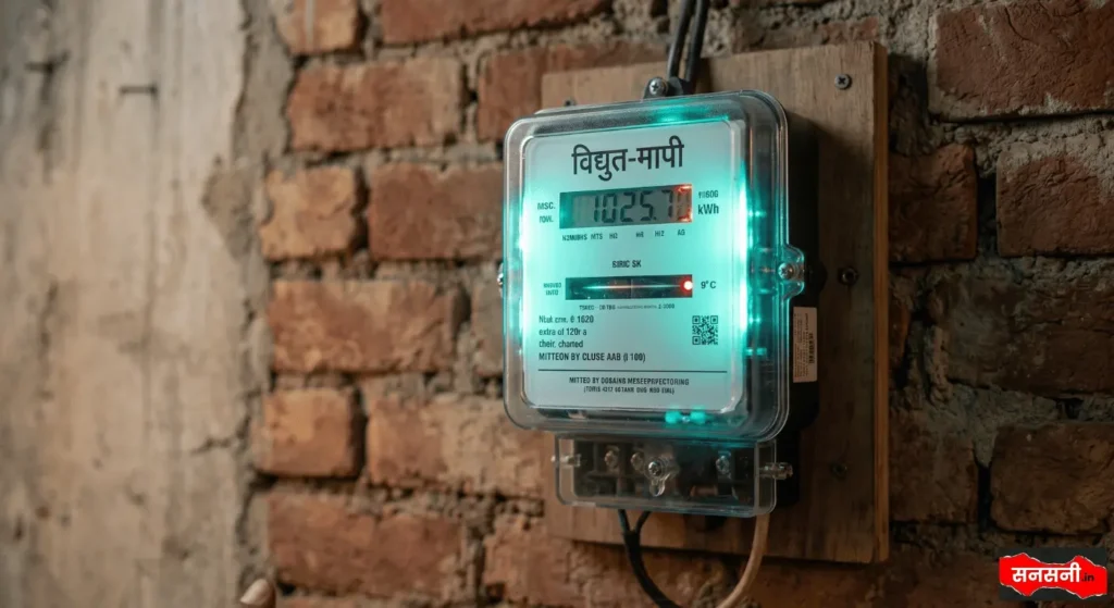 दीवार पर लगा नया डिजिटल स्मार्ट विद्युत-मापी (Smart Meter) जिसमें बिजली की रीडिंग और लाल बत्ती दिख रही है।