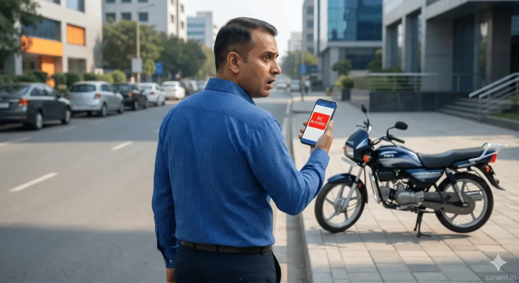 यूपी में ई-चालान नया नियम के तहत RC ब्लॉक का अलर्ट देखकर परेशान एक युवा वाहन मालिक, फोन पर 'RC BLOCKED: HSRP/PUC PENDING' का संदेश और पृष्ठभूमि में पुराना मोटरसाइकिल और ट्रैफिक पुलिस अधिकारी।