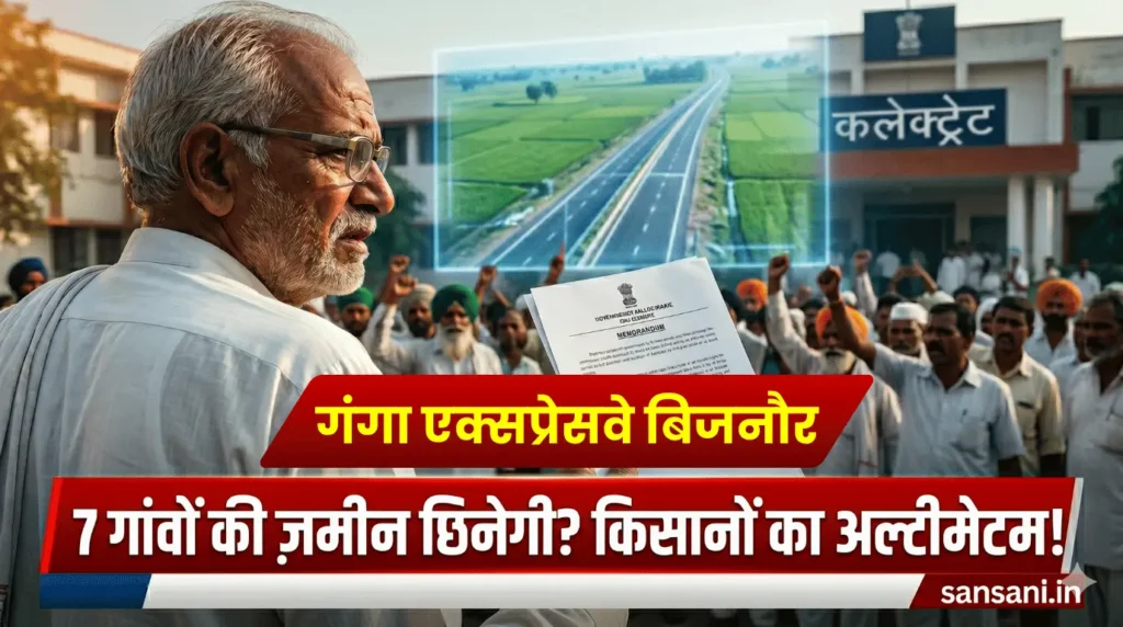 बिजनौर में कलेक्ट्रेट पर गंगा एक्सप्रेसवे के नए सर्वे रूट का विरोध करते और अपनी उपजाऊ ज़मीन बचाने के लिए प्रदर्शन करते 7 गांवों के आक्रोशित किसान।