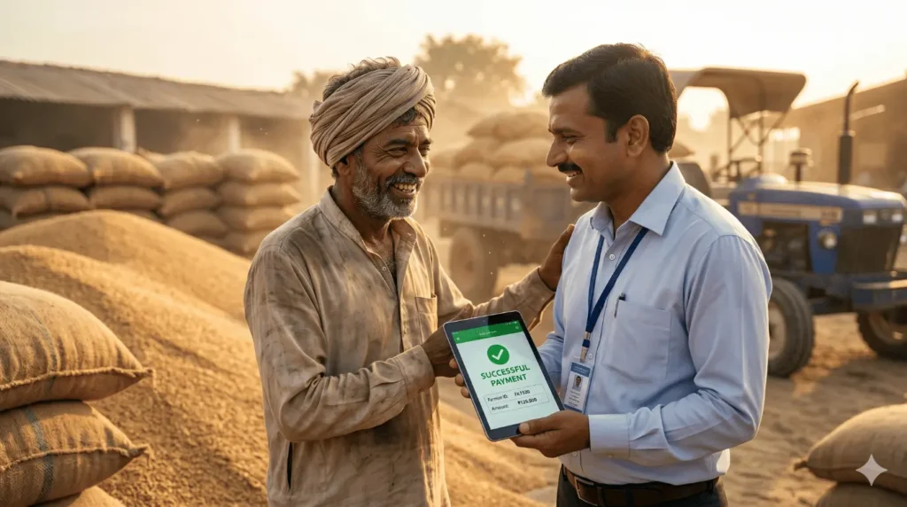 यूपी गेहूं खरीद 2026 में बिना बायोमेट्रिक अंगूठा लगाए परेशान किसान और क्रय केंद्र अधिकारी।