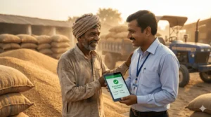 यूपी गेहूं खरीद 2026 में बिना बायोमेट्रिक अंगूठा लगाए परेशान किसान और क्रय केंद्र अधिकारी।