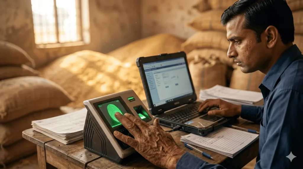 यूपी गेहूं खरीद के लिए ई-पॉस मशीन (e-PoP) पर अंगूठा लगाकर बायोमेट्रिक वेरिफिकेशन करता किसान।