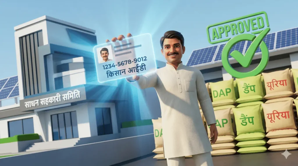 आधुनिक भारतीय किसान चमकता हुआ डिजिटल किसान आईडी यूपी 2026 कार्ड और approved checkmark पकड़े हुए।