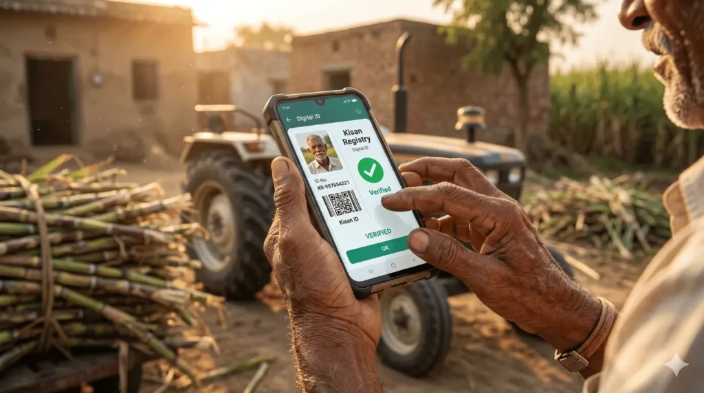 यूपी गन्ना सर्वेक्षण के लिए मोबाइल पर अपनी किसान रजिस्ट्री और ऑनलाइन घोषणा-पत्र चेक करता हुआ किसान