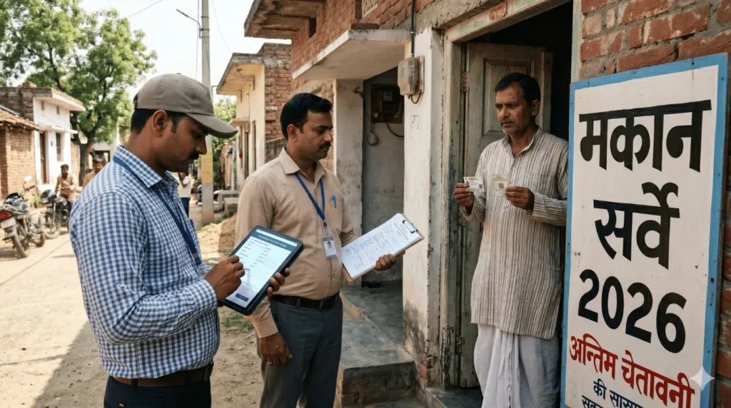 मकान सर्वे 2026: घर के दरवाज़े पर सर्वे टीम, नागरिक आधार और राशन कार्ड के साथ अलर्ट मुद्रा में