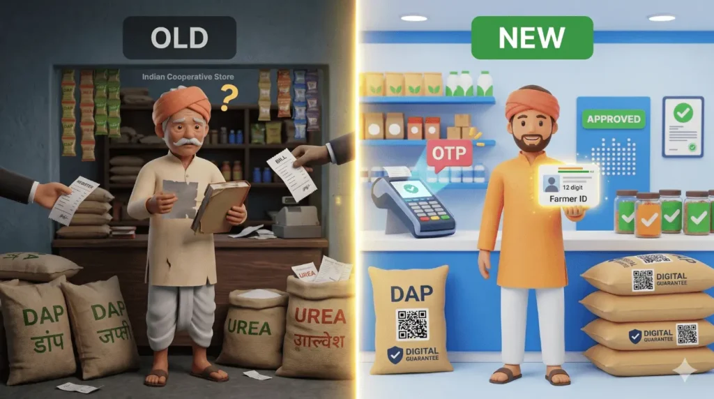 DAP खाद के नए नियम की तुलना: पुरानी अस्त-व्यस्त सहकारी समिति बनाम नई डिजिटल किसान आईडी व्यवस्था।