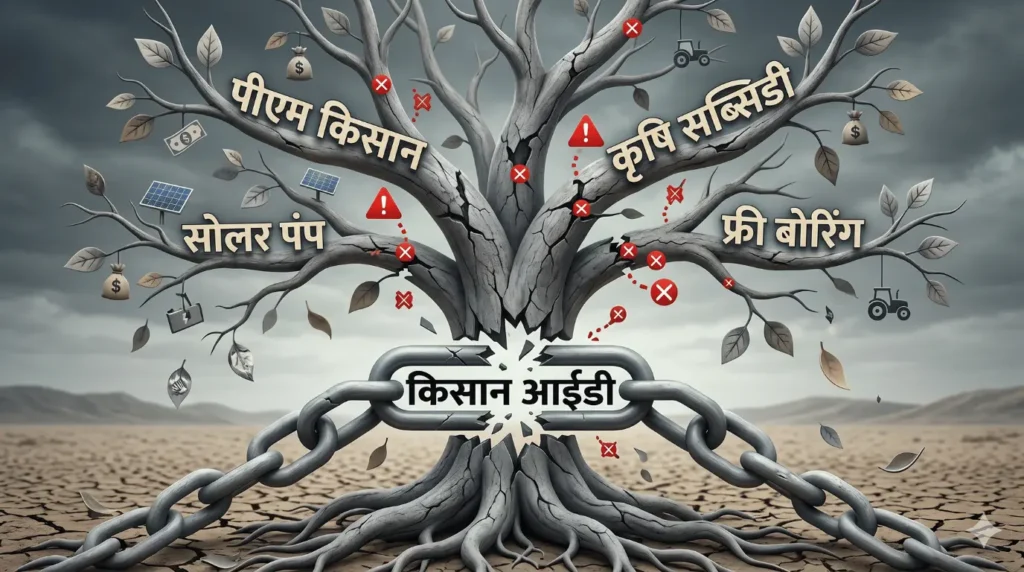 सूखा हुआ 'सरकारी योजनाओं का पेड़' (पीएम किसान, सोलर पंप) जो टूटी हुई किसान आईडी जड़ से जुड़ा है।
