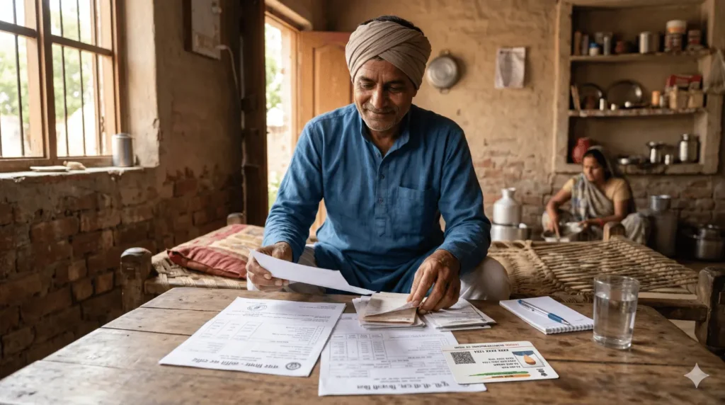 पुश्तैनी मकान के सर्वे के लिए हाउस टैक्स और बिजली बिल के कागज़ात तैयार करता हुआ नागरिक