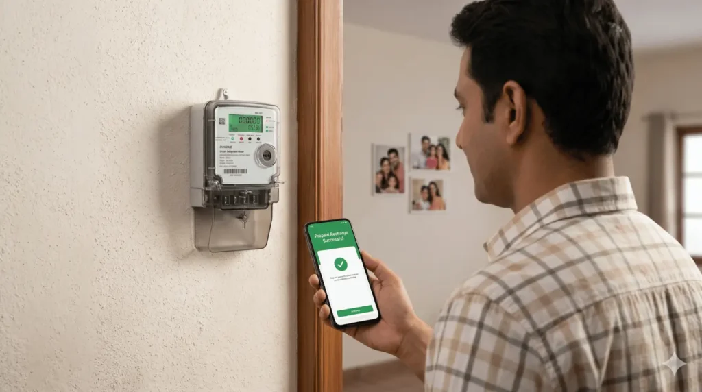 स्मार्ट मीटर के सामने फोन पर 'Prepaid Recharge Successful' स्क्रीन देखता हुआ मुस्कुराता हुआ व्यक्ति