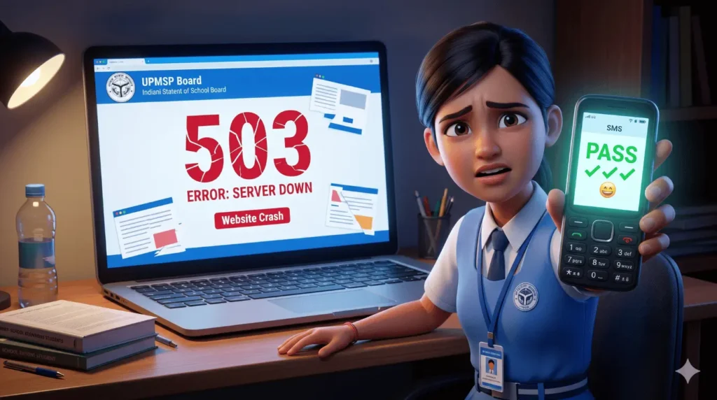 UP Board result server down 2026 होने पर बिना इंटरनेट मोबाइल पर रिज़ल्ट चेक करते छात्र।