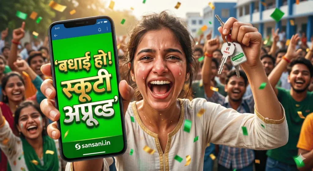 यूपी फ्री स्कूटी योजना 2026 के तहत अपना अप्रूव्ड स्टेटस देखकर खुशी से झूमती हुई छात्रा