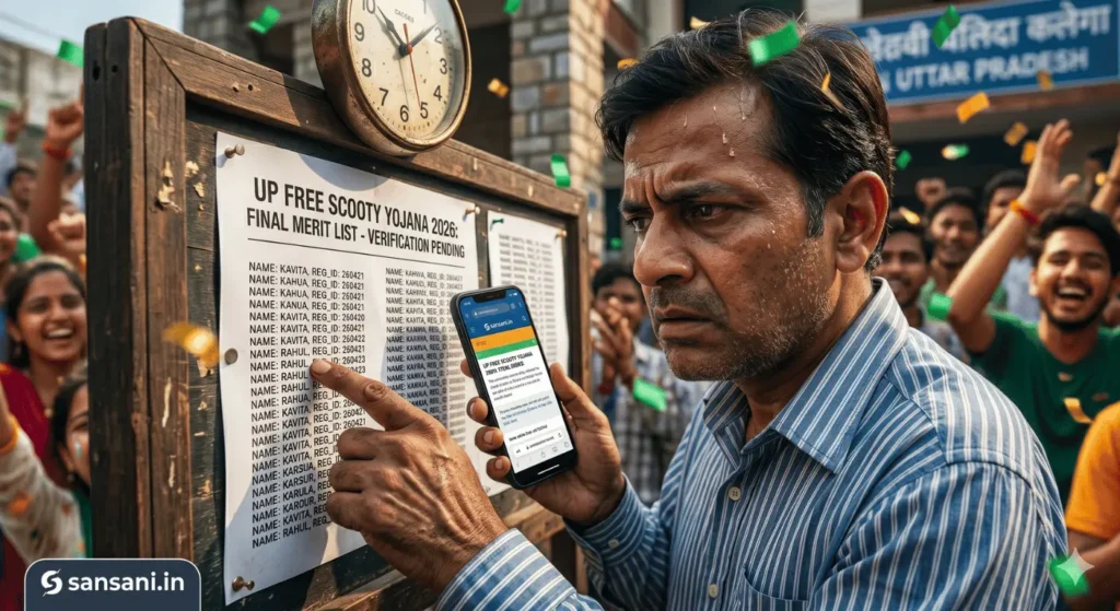 यूपी में कड़कड़ाती धूप में कॉलेज के बाहर यूपी फ्री स्कूटी योजना 2026 की मेरिट लिस्ट में बेटी का नाम खोजता हुआ चिंतित पिता, टिक-टिक करती घड़ी बढ़ा रही है धड़कनें।