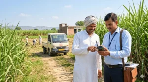 यूपी गन्ना सर्वेक्षण 2026-27 के दौरान जीपीएस मशीन से खेत की नाप करते अधिकारी और किसान