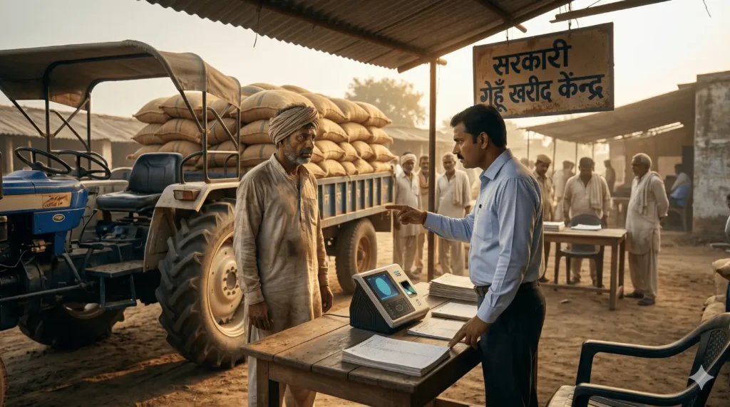 UP Gehu Khareed Biometric Niyam 2026: पर्ची सिस्टम खत्म, 1 गलती और क्रय केंद्र से वापस लौटेगा किसान!: गेहूं खरीद का पैसा 48 घंटे में सीधे बैंक खाते (DBT) में आने पर खुश किसान और सरकारी अधिकारी।