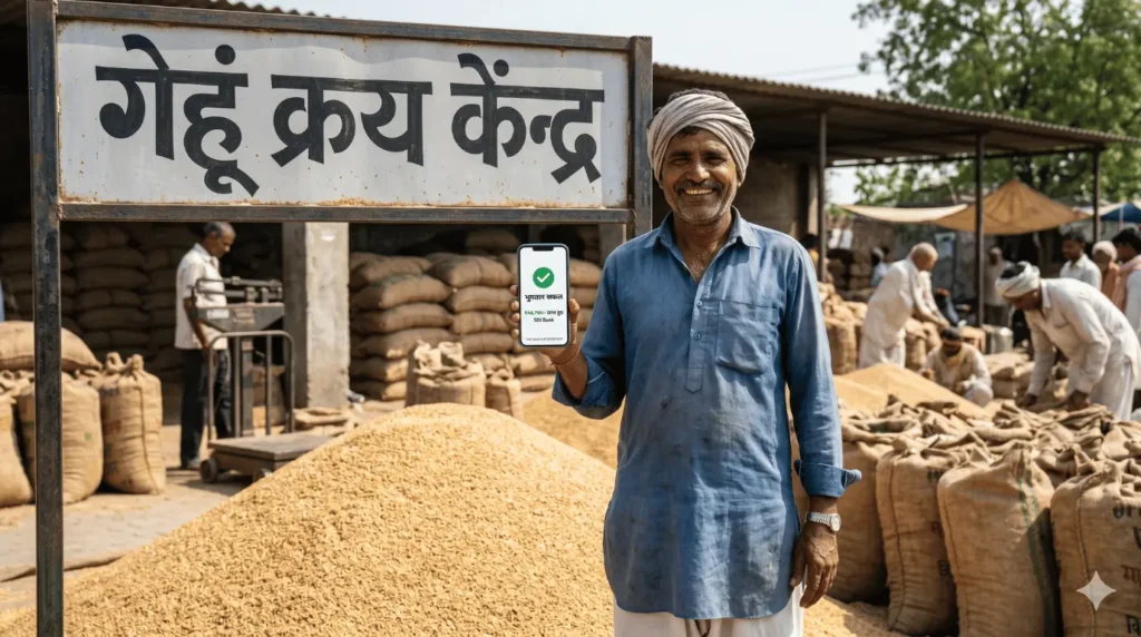 गेहूं खरीद 2026: UP farmer smiling in a government wheat procurement center (गेहूं क्रय केंद्र Mandi) holding phone showing successful MSP payment notification. Clean wheat pile next to him. Bright sunny day, photorealistic 8k.