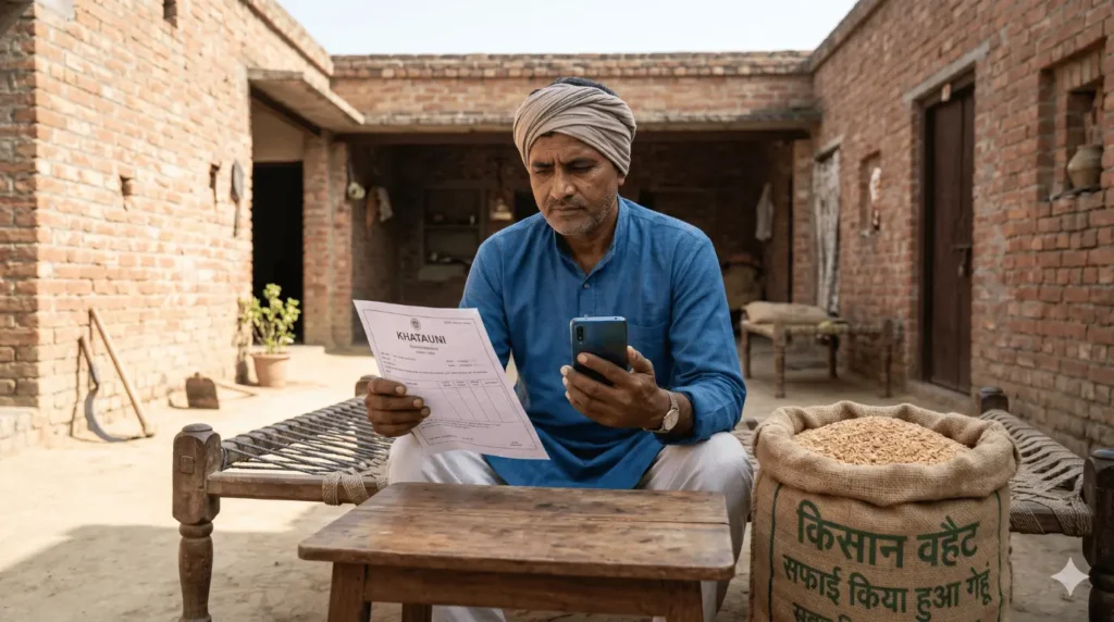 UP farmer in rural courtyard reviewing Khatauni and Aadhar documents while using smartphone for UP Gehun Kharid 2026 online registration. Jute sack of wheat nearby. Focused and organized preparation scene.