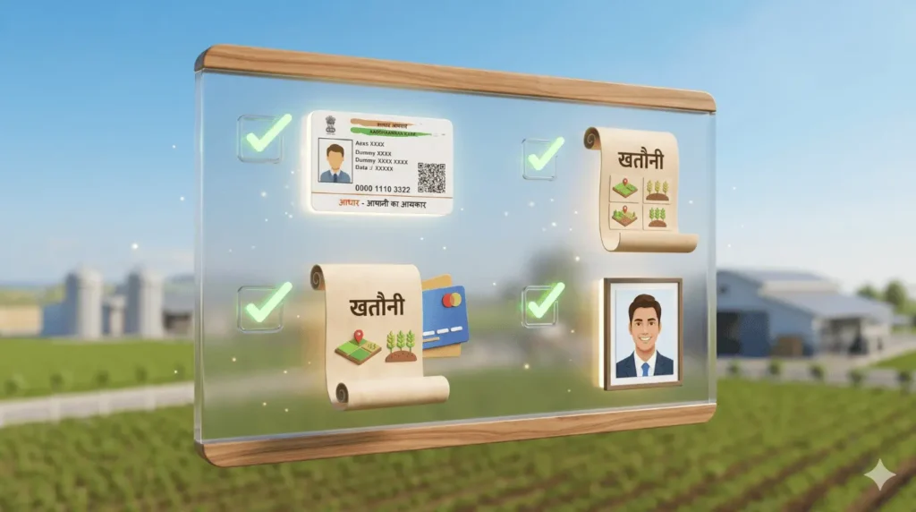आधुनिक checklist पैनल: किसान आईडी यूपी 2026 के लिए ज़रूरी आधार, खतौनी और बैंक पासबुक।