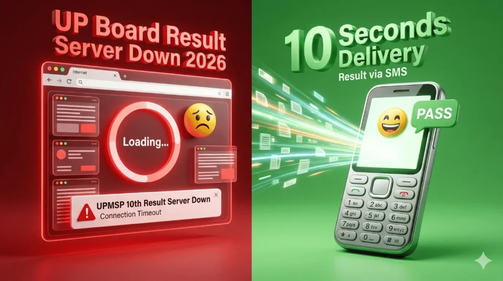UPMSP website crash 2026 के समय लोडिंग एरर बनाम ऑफलाइन SMS से तुरंत रिज़ल्ट।