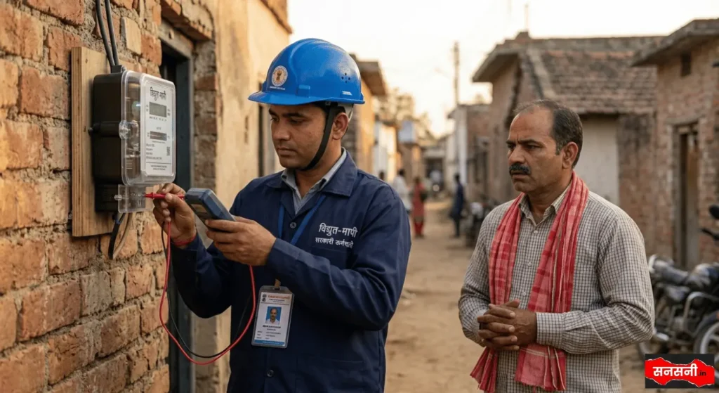 बिजली विभाग (UPPCL) का कर्मचारी घर के बाहर लगे नए विद्युत-मापी (स्मार्ट मीटर) की चेकिंग मशीन से करता हुआ।