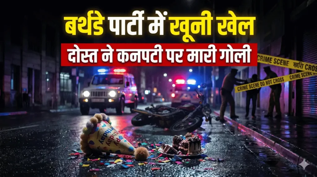 बिजनौर के शिवाला कला में बर्थडे पार्टी के दौरान हुई हत्या का क्राइम सीन, जिसमें जमीन पर गिरी बाइक और पुलिस की लाइटें दिख रही हैं।