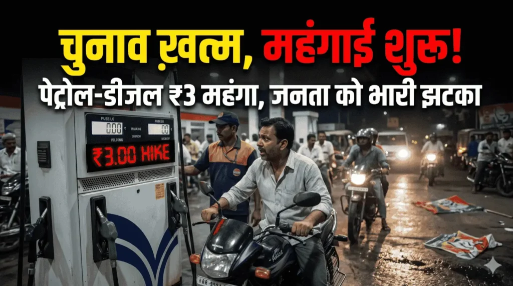 एक भारतीय पेट्रोल पंप पर तेल डलवाते समय एक आम आदमी के चेहरे पर लगा झटका, जब उसे पता चला कि पेट्रोल और डीजल के दाम ₹3 प्रति लीटर बढ़ गए हैं। (चुनाव के बाद महंगाई)।