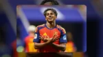 Spain forward Lamine Yamal celebrating his Lamine Yamal First World Cup goal against Saudi Arabia.